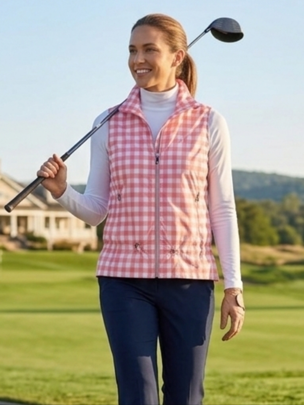 Polo Ralph Lauren Golf Womens Pink White Plaid Water Repellent Vest Size XS